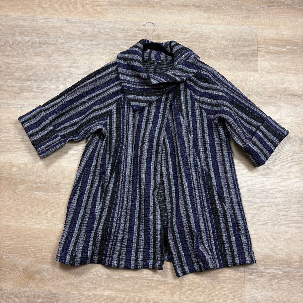 Kozan Striped Crinkle Lagenlook Funnel Neck Swing Jacket Women's Large